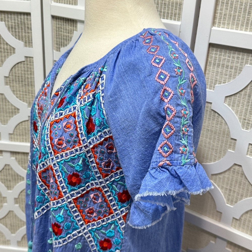LulaLife Embroidered Dress Womens Small Blue Bohemian Mumu Vacation House Dress - Picture 4 of 13